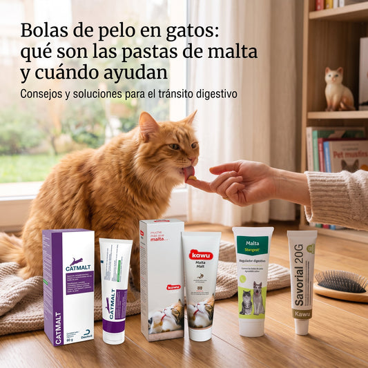Gato de pelo largo recibiendo una pasta de malta de la mano de su dueña, con los envases de Catmalt, Kawu Malta, Malta Stangest y Savorial sobre una mesa de madera.