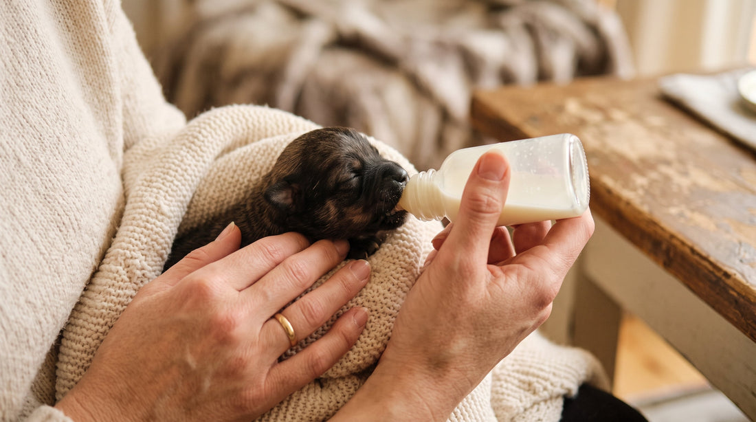 Cachorro recién nacido siendo alimentado con biberón, envuelto en una manta