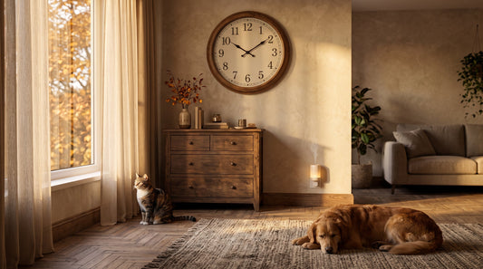 Perro tumbado y gato sentado en un salón con luz de atardecer de otoño, junto a un reloj de pared