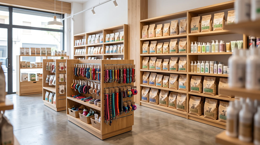 Interior de una tienda de mascotas con estanterías de madera con sacos de pienso, collares y correas colgados, y productos de higiene y cuidado