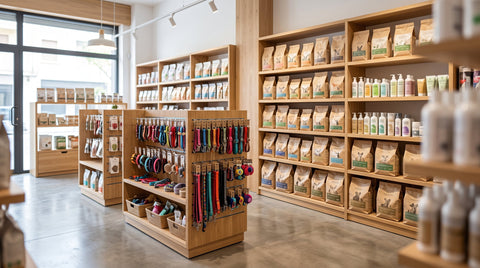Interior de una tienda de mascotas con estanterías de madera con sacos de pienso, collares y correas colgados, y productos de higiene y cuidado