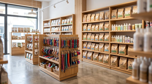 Interior de una tienda de mascotas con estanterías de madera con sacos de pienso, collares y correas colgados, y productos de higiene y cuidado