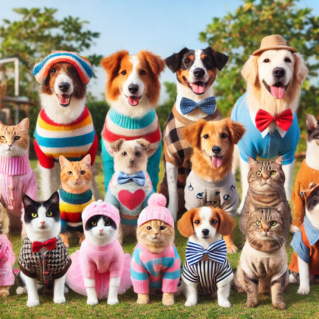 Grupo de perros y gatos vestidos con jerséis de punto de colores, pajaritas y gorros, posando al aire libre sobre césped