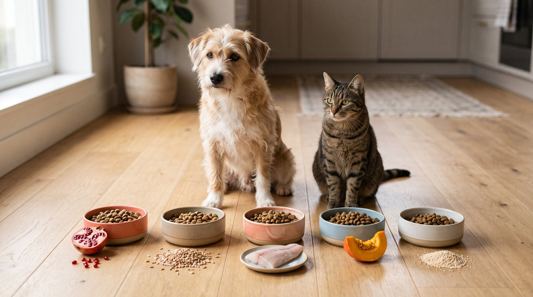 Perro y gato junto a cinco cuencos de pienso, cada uno con un ingrediente distinto: granada, espelta y avena, pescado, calabaza y quinoa