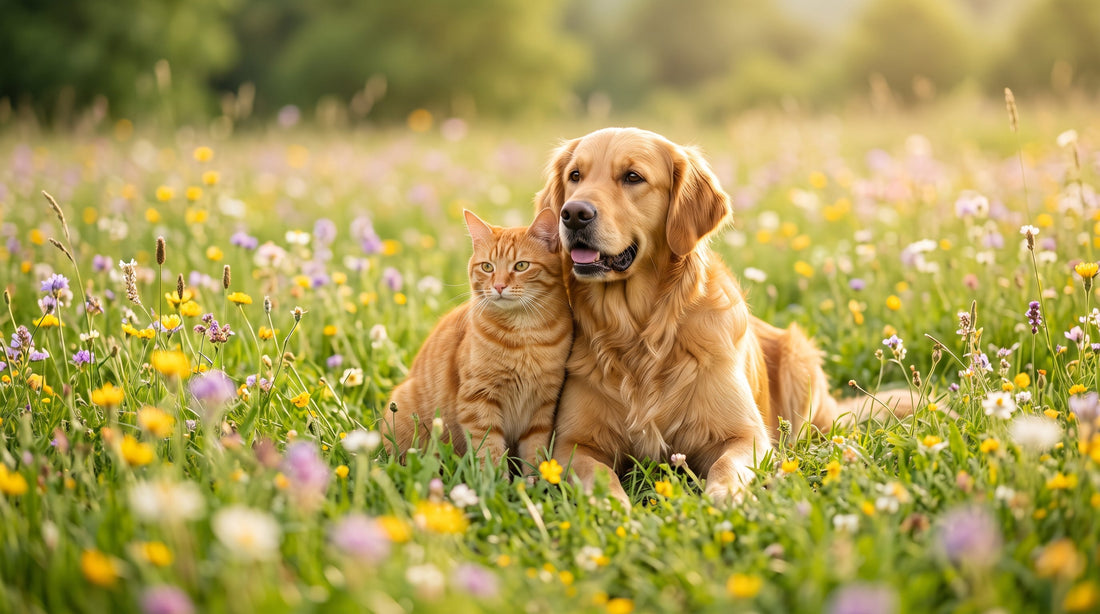 Perro y gato juntos en un prado con flores en primavera