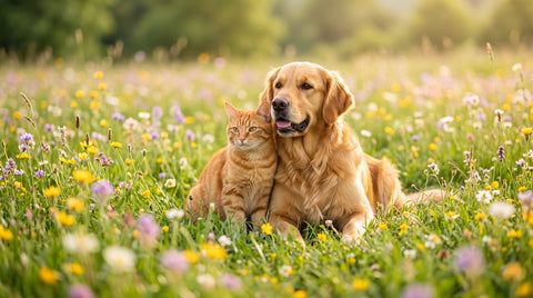 Perro y gato juntos en un prado con flores en primavera
