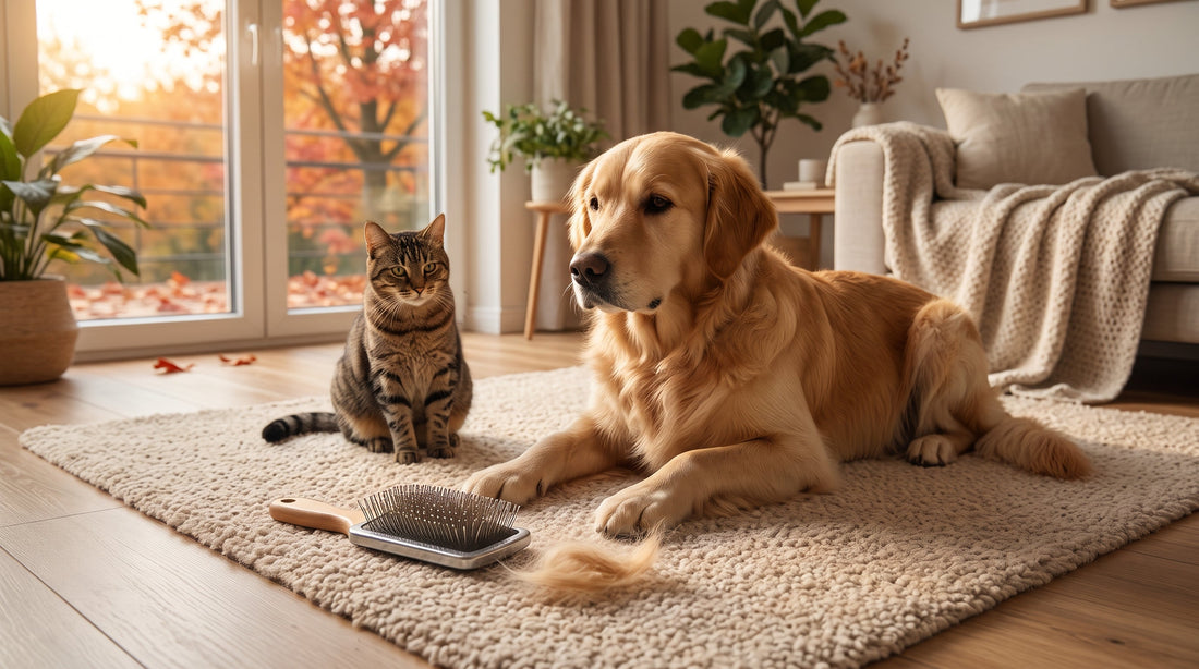 Golden retriever tumbado en una alfombra junto a un gato atigrado, con un cepillo y un mechón de pelo suelto en primer plano, en un salón con luz de otoño