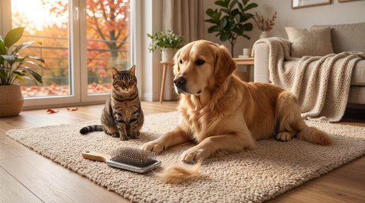 Golden retriever tumbado en una alfombra junto a un gato atigrado, con un cepillo y un mechón de pelo suelto en primer plano, en un salón con luz de otoño