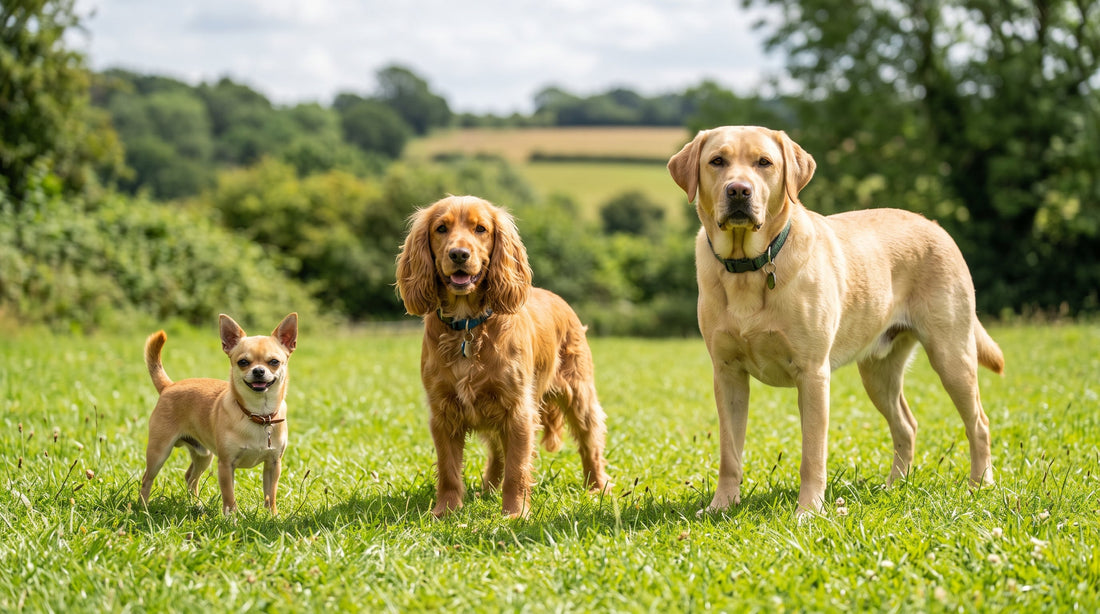 Tres perros de tamaños distintos, pequeño, mediano y grande, juntos al aire libre