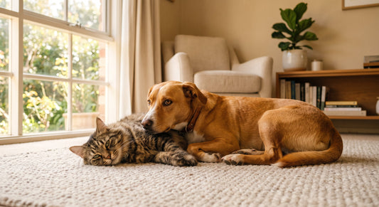 Perro y gato descansando juntos y relajados en casa, con aspecto saludable, en una escena de bienestar cotidiano