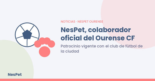 Ilustración con un balón de fútbol y una huella de mascota, sobre la colaboración de NesPet como patrocinador del Ourense CF