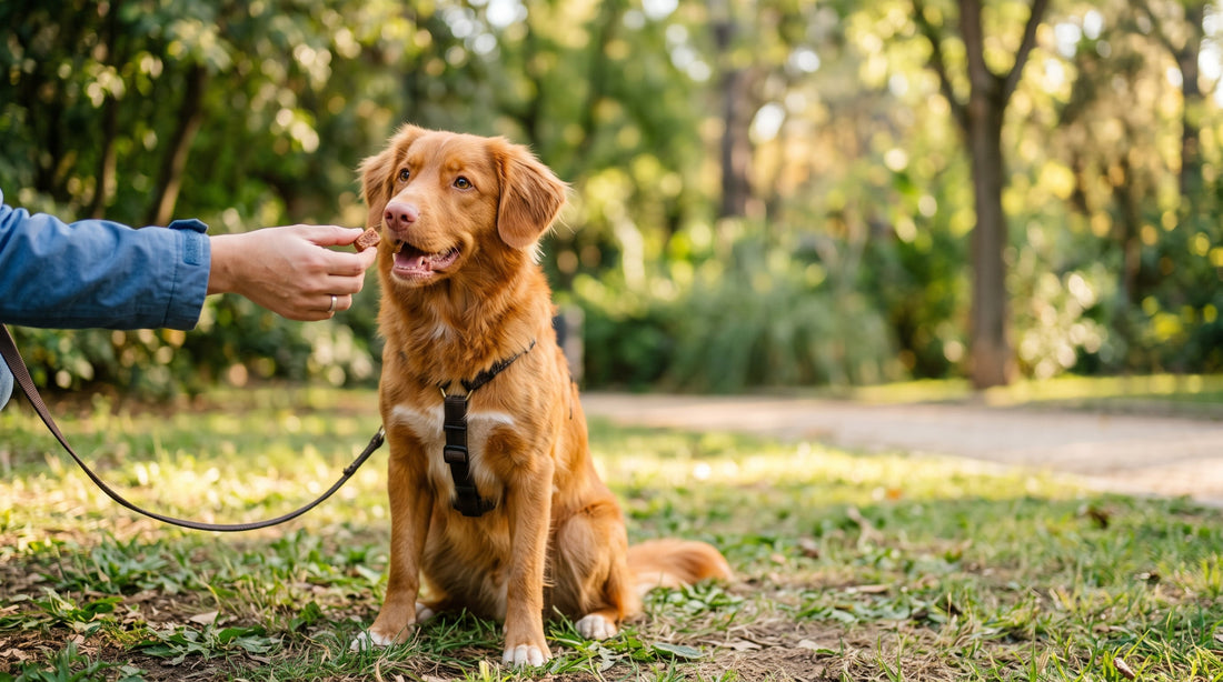 Perro recibiendo un premio pequeño durante una sesión de adiestramiento al aire libre