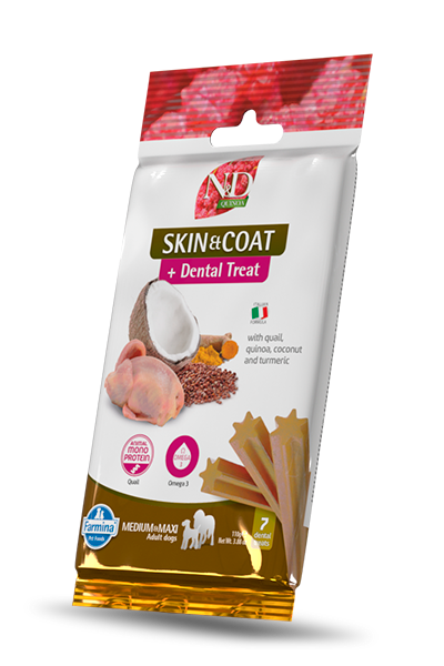 Farmina N&D Quinoa snack dental cuidado de piel y pelaje sabor codorniz para perros medianos y grandes