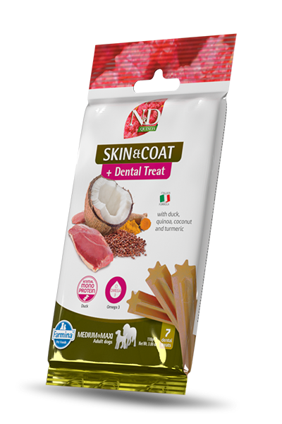 Farmina N&D Quinoa snack dental cuidado de piel y pelaje sabor pato para perros medianos y grandes