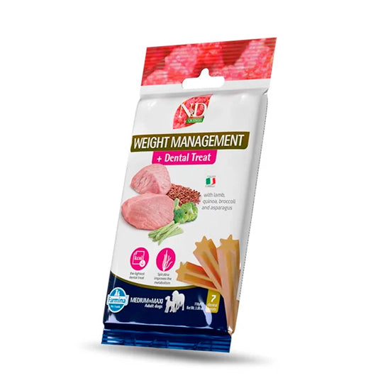 Farmina N&D Quinoa snack dental control de peso sabor cordero para perros medianos y grandes