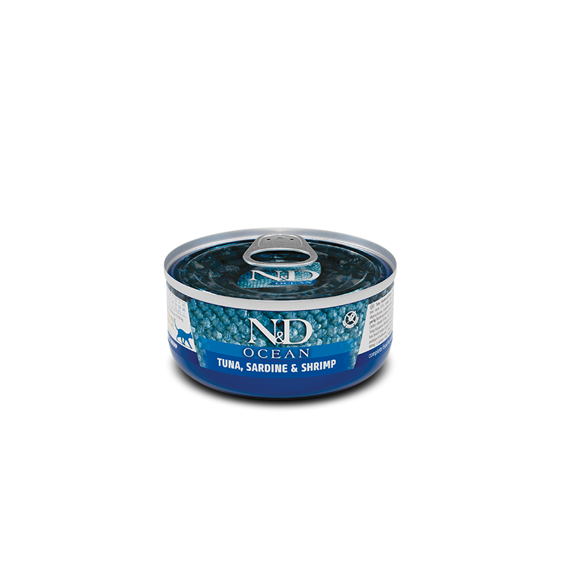 Farmina N&D Ocean Atún, Calamar y Gambas para gatos, alimento húmedo natural