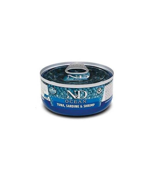 Farmina N&D Ocean Atún, Sardina y Camarón para gatos, lata de alimento húmedo natural