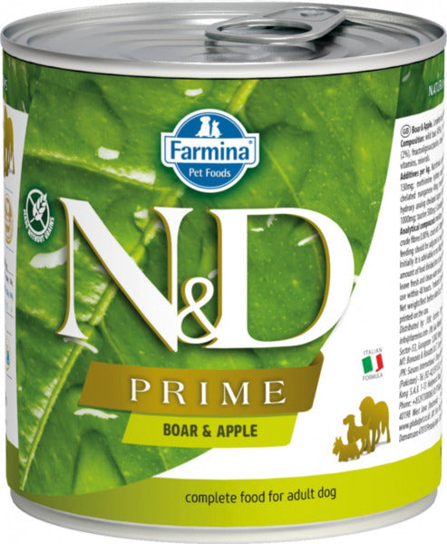 Farmina N&D Prime Jabalí y Manzana para perros, lata de alimento húmedo natural sin cereales, pack 6x285g