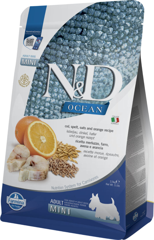 Farmina N&D Ocean Bacalao, Espelta, Avena y Naranja para perros, pienso seco natural para perro adulto de tamaño pequeño