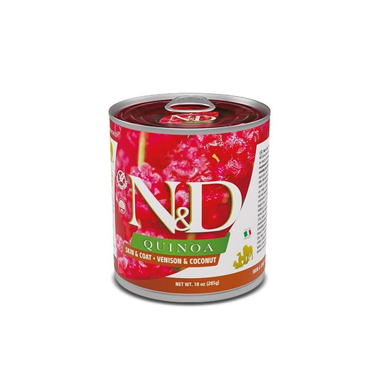 Farmina N&D Quinoa Skin & Coat Venado para perros, lata de alimento húmedo natural sin cereales, piel y pelo sensibles