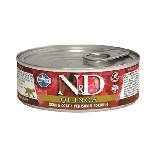 Farmina N&D Quinoa Skin & Coat Venado para gatos, lata de alimento húmedo natural